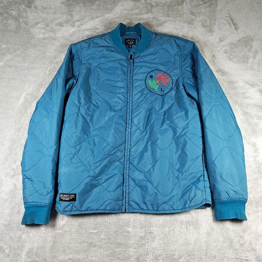 The Quiet Life Jacket Mens Medium Blue Quilted Rose Embroidery Full Zip Skater